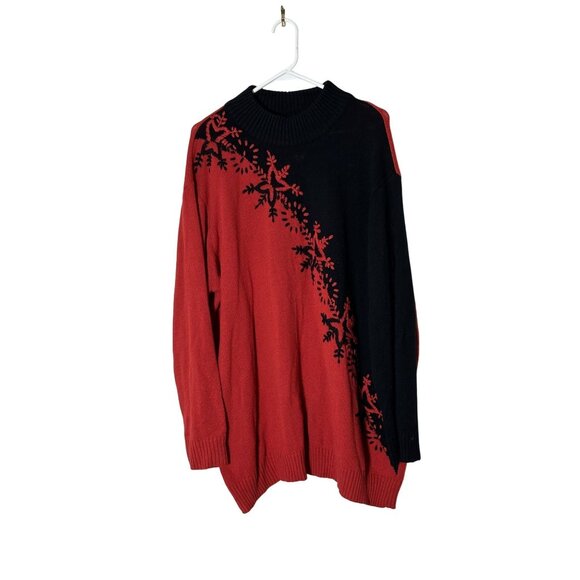 Vintage Red & Black Floral Knit Sweater Long Sleeve Pullover Plus Size 3x - Picture 1 of 7